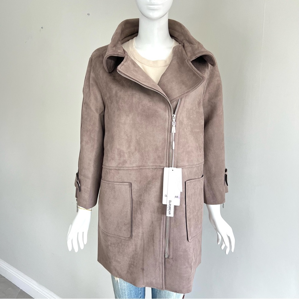 OLANMEAR Taupe Faux Suede Front Zipper Pockets Long Sleeves Blazer Jacket Sz XL